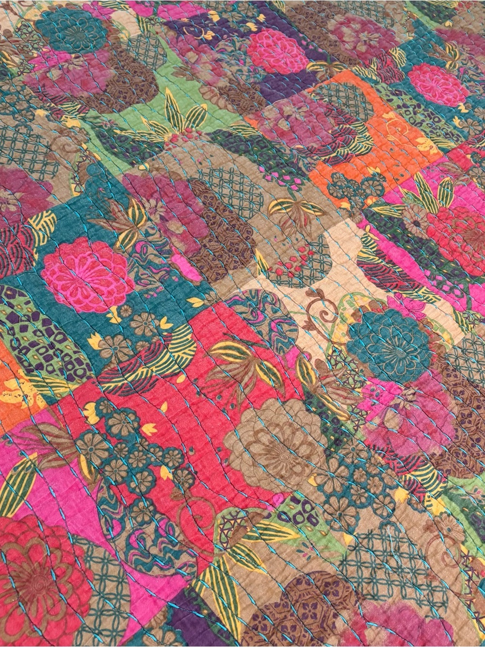 Greenland Home Fashions Jewel Quilt Set- King Size- Teal Pink Cozy Boho Stitch - Picture 4 of 10